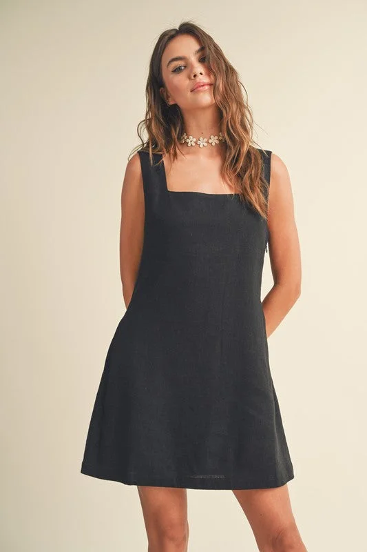 Boho Style Casual Dresses with Fringe Details​ Maisie Sleeveless Linen Mini Dress Black