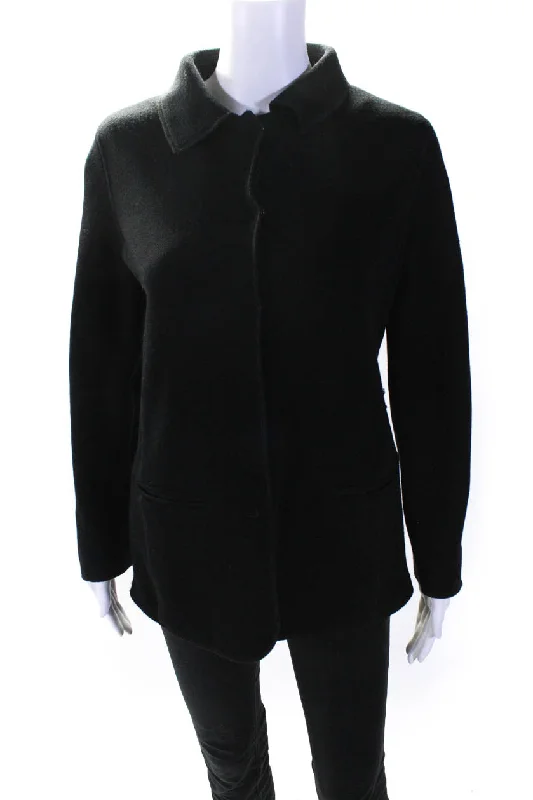 Armani Collezioni Womens Button Front Collared Knit Jacket Black Cotton