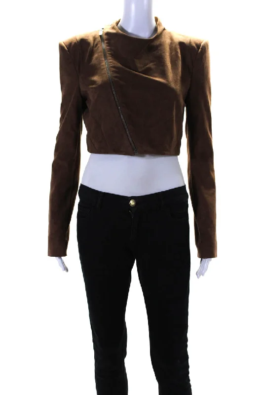 BCBG Max Azria Womens Zipped Collared Cropped Long Sleeve Jacket Brown