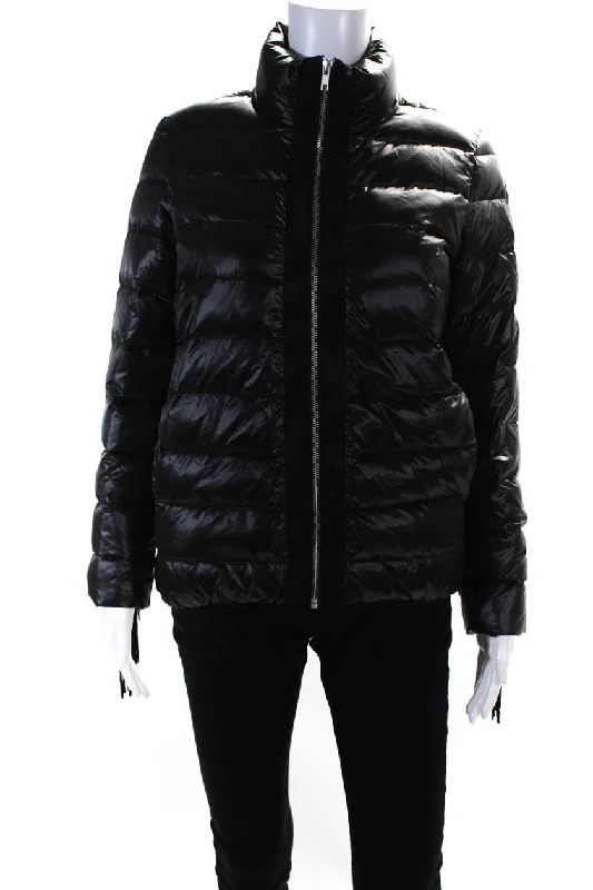 Glamourpuss Womens Striped Quilt Fringe Sleeve Zipped Puffer Coat Black