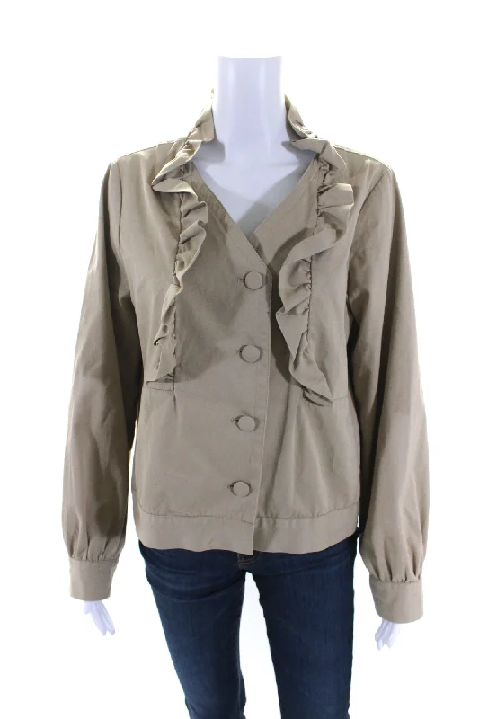 Sibel Saral Womens Ruffled Button Down Jacket Khaki Beige Cotton