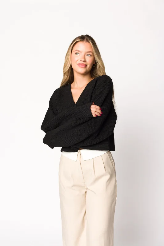 Mira V-Neck Ribbed Knit Cardigan in Black