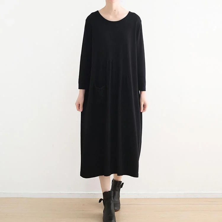 Stylish Black Knit Dresses Casual O Neck Sweater Vintage Pockets Winter Dress