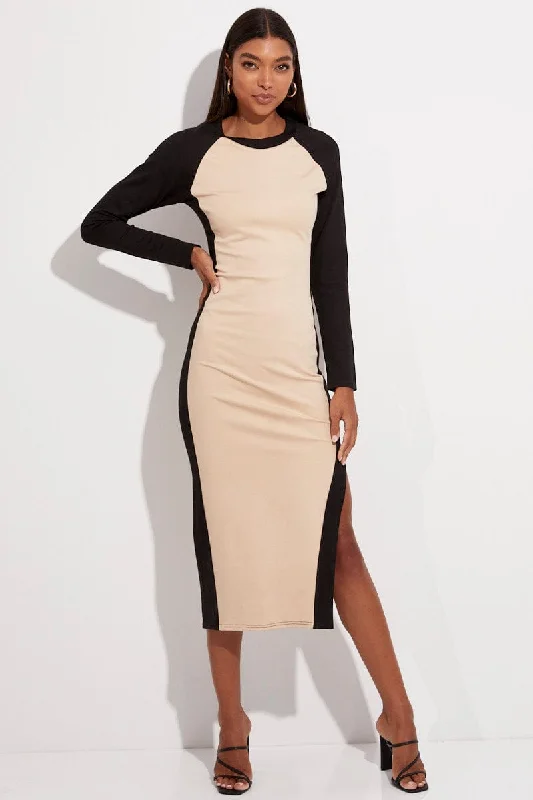 Beige Midi Dress Long Sleeve Round Neck Raglan Two-tone