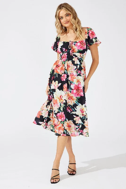 Black Floral Midi Dress Short Sleeve Ruched Bust