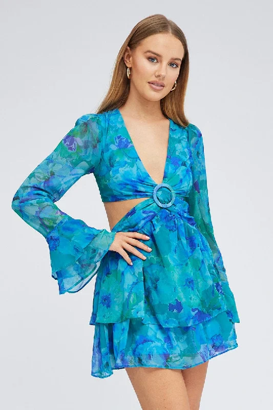 Blue Floral Dress Balloon Sleeve Lace Up Back Ring Chiffon