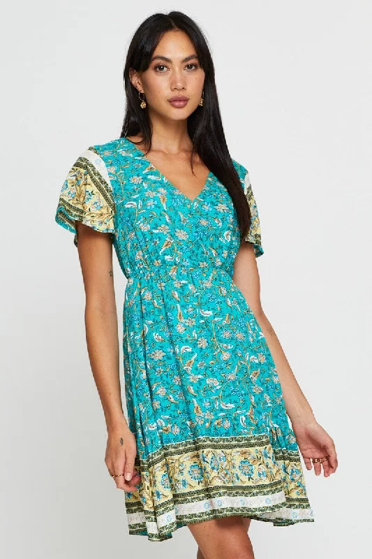 Boho Print Mini Dress Short Sleeve