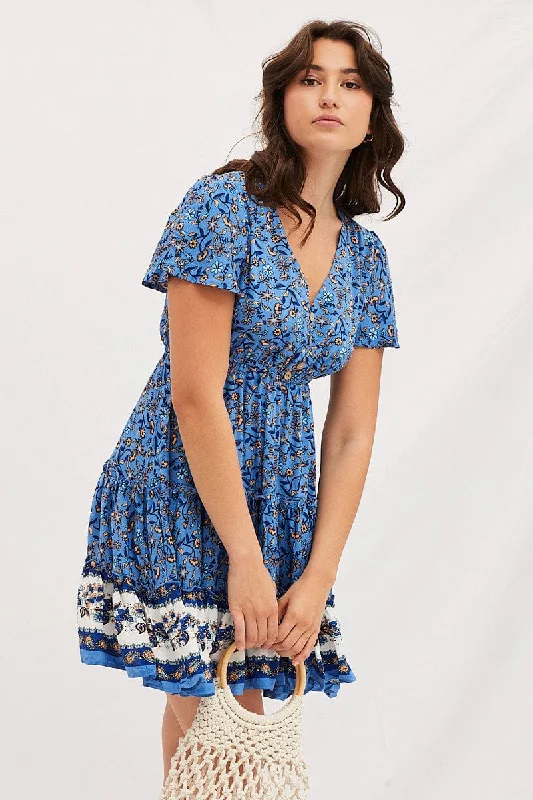 Boho Print V-Neck Short Sleeve Mini Skater Dress