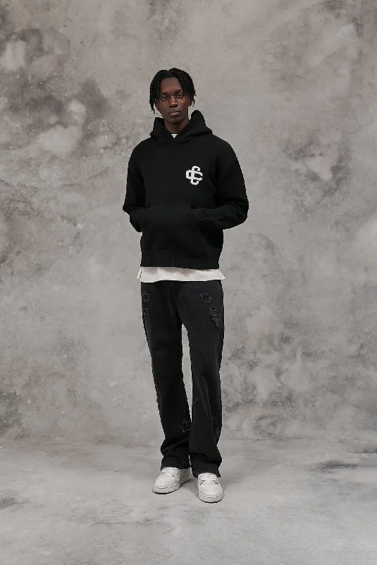 FLUFFY KNIT EMBLEM HOODIE - BLACK