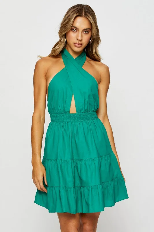 Green Mini Dress Halter Neck Linen