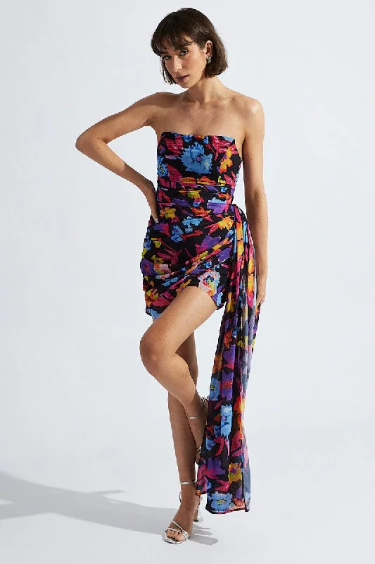 Multi Floral Sash Bandeau Draped Chiffon Dress