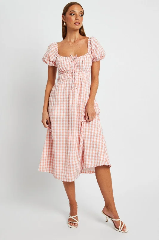 Pink Check Midi Dress Short Sleeve Ruched Bust