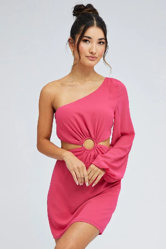 Pink Fuchsia One Shoulder Ring Detail Dress