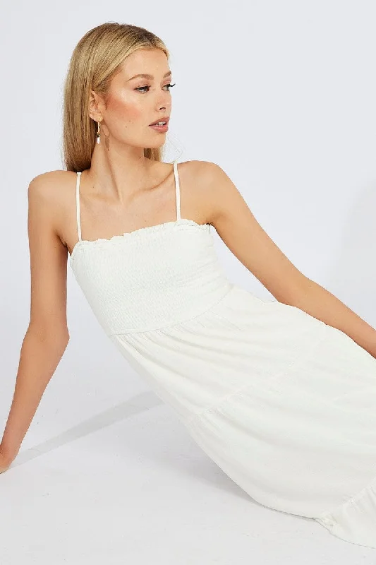 White Midi Dress Sleeveless Shirred Tie Back