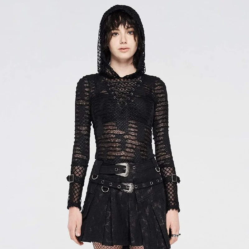 Women's Gothic Net Ripped Mesh Strappy Hoodies