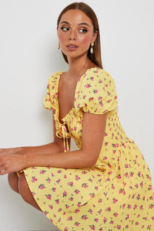 Yellow Floral Fit And Flare Dress Puff Sleeve Mini