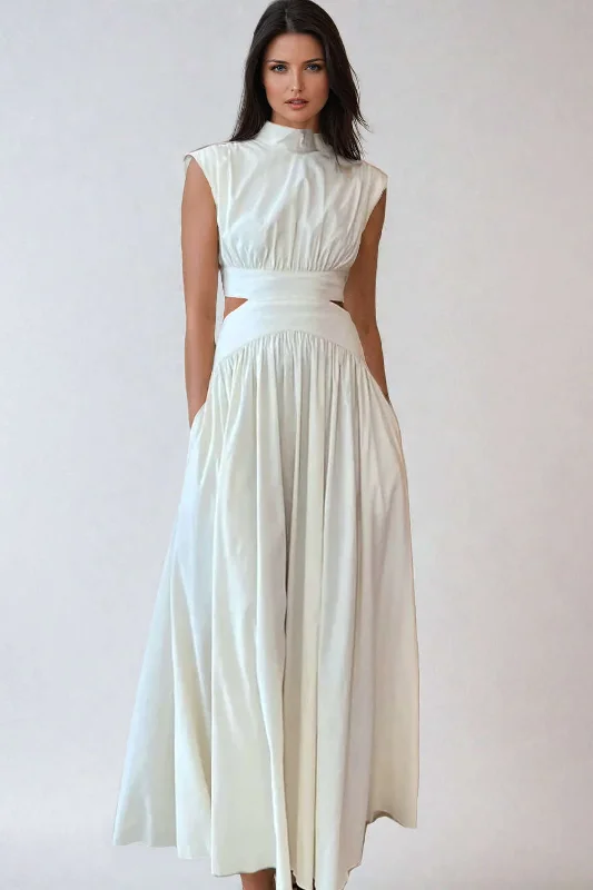 Mock Neck Cut Out Pleated Maxi Dress