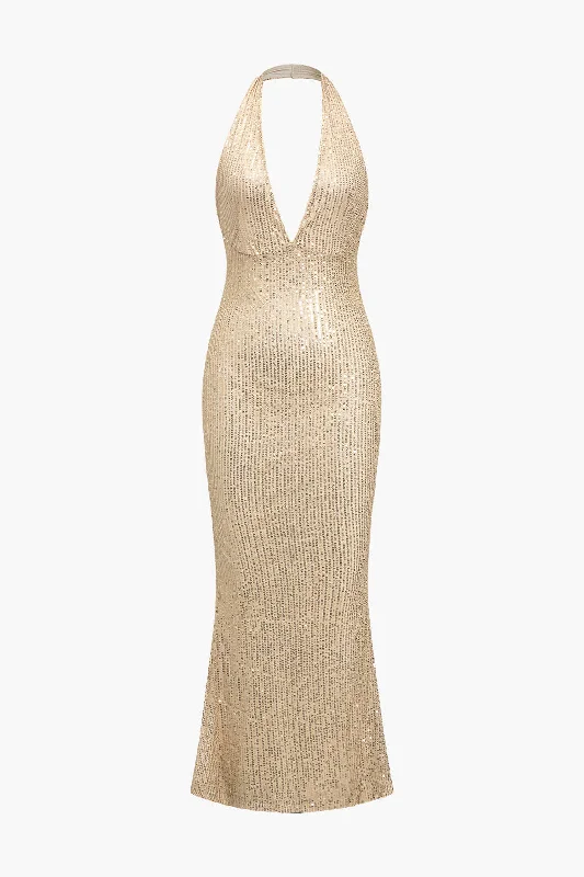 Halter Neck Backless Sequin Maxi Dress