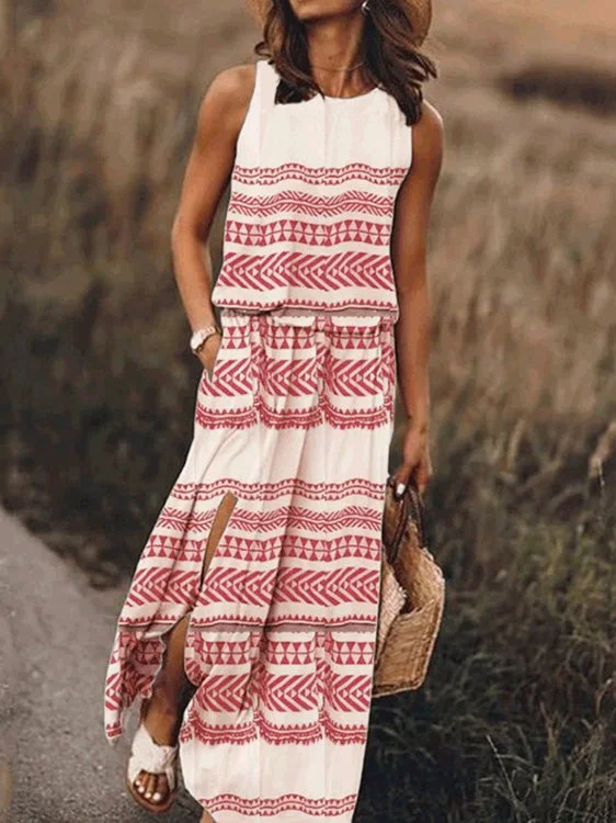 Casual Crew Neck Printed Slit Dress