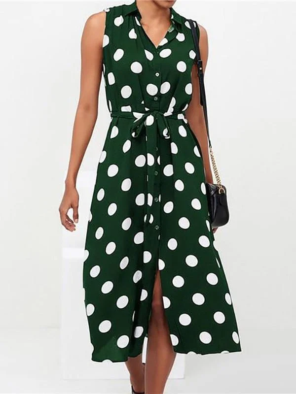 Polka Dot Print Lace-Up Sleeveless Shirt Dress