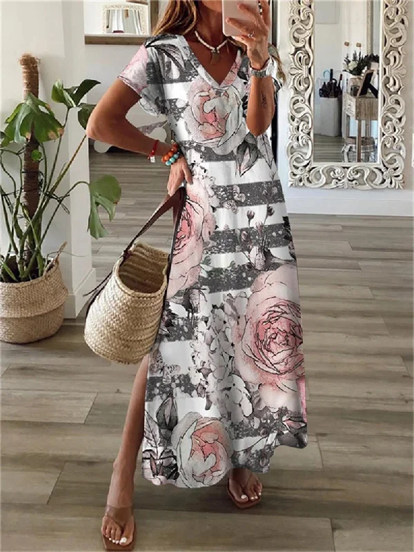 Printed V-Neck Short Sleeve Slit Dress