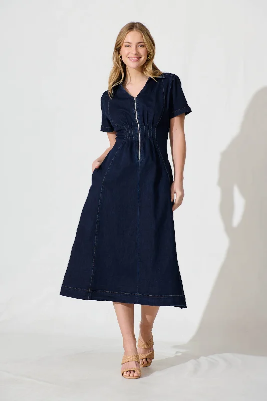 Adrianna Midi Dress In Dark Blue Denim