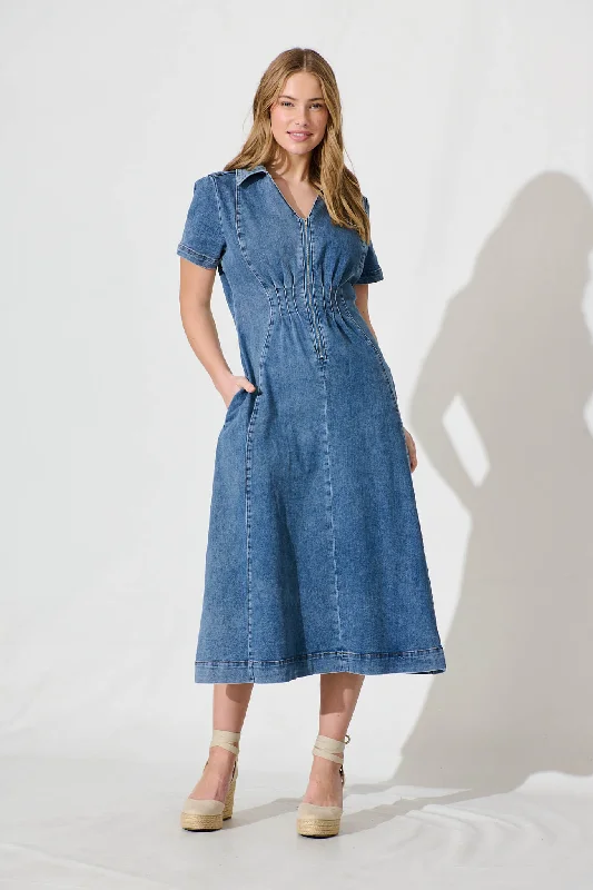 Adrianna Midi Dress In Mid Blue Denim