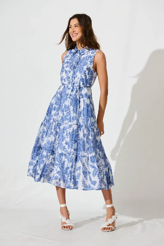 Claremont Midi Dress In White With Blue Print Cotton Blend