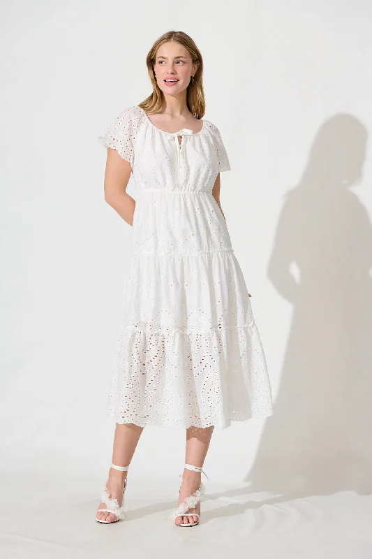 Dovie Midi Dress In White Broderie Cotton