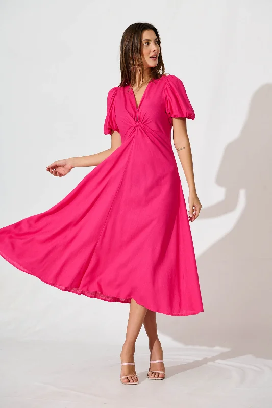 Hilde Midi Dress In Hot Pink Linen Blend