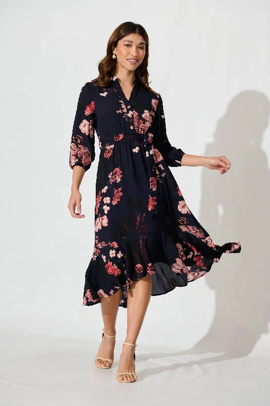 Jemimah Midi Dress In Navy With Pink And Blush Floral