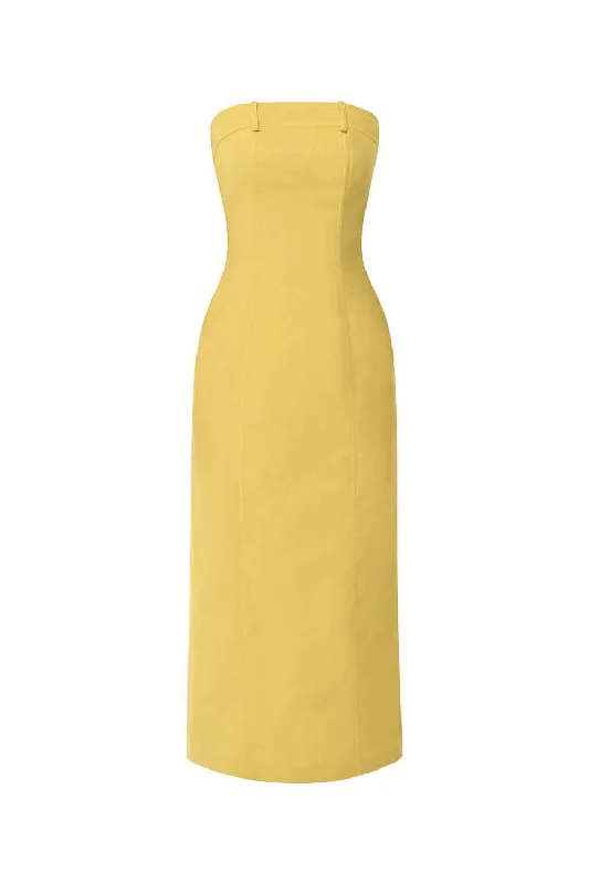 Sandra Strapless Straight Across Neck Linen Blend Midi Dress