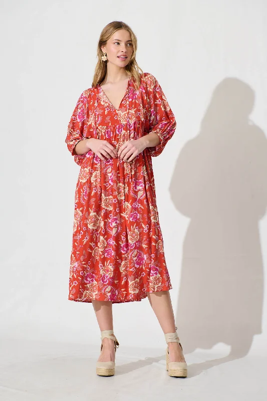 Spring Afternoon Midi Smock Dress In Dark Tangerine With Multi Floral