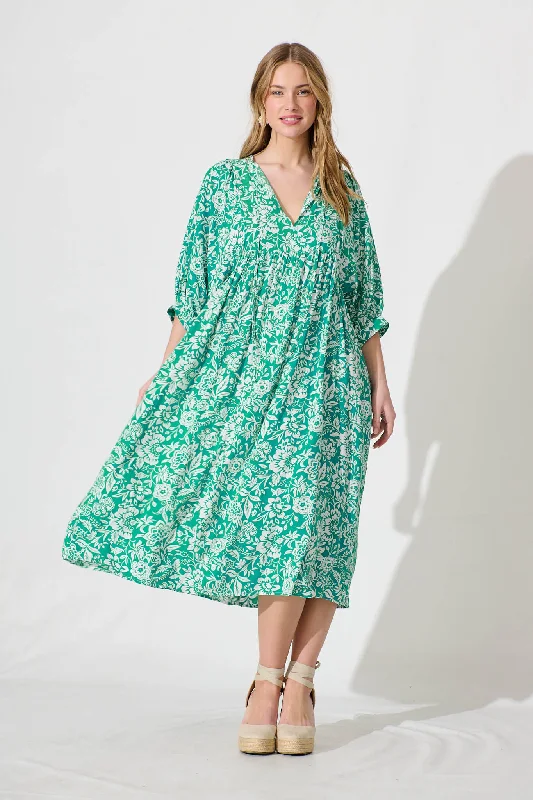 Spring Afternoon Midi Smock Dress In Green With White Print