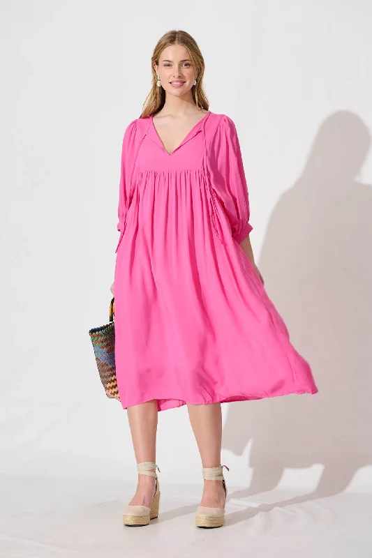 Spring Afternoon Midi Smock Dress In Hot Pink