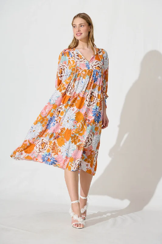 Spring Afternoon Midi Smock Dress In Orange Multi Floral