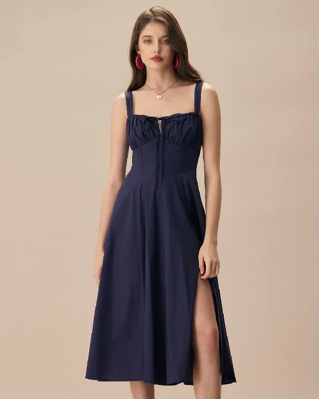 The Navy Square Neck Ruched Slip Midi Dress