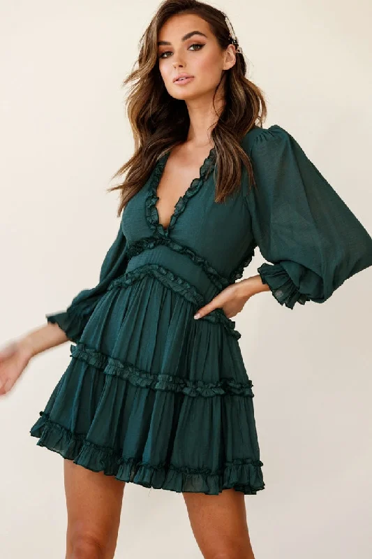 Laney Cutout Back Balloon Sleeve Dress Green