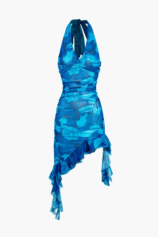 Tie Dye Mesh Ruched Halter Ruffle Backless Mini Dress