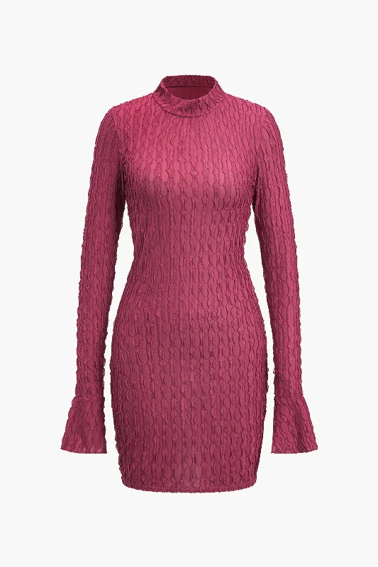 Solid Textured Bell Sleeve Mini Dress