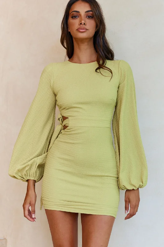 Talk Of The Town Long Lantern Sleeve Side Tie Bodycon Dress Olive