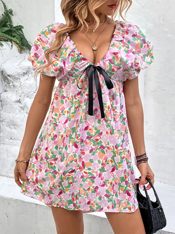 BerryBetty - Women's Floral Puff Sleeve Mini Dress