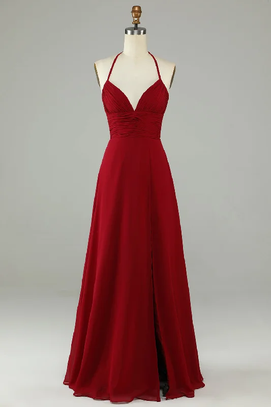 A-Line Halter Burgundy Long Bridesmaid Dress with Slit