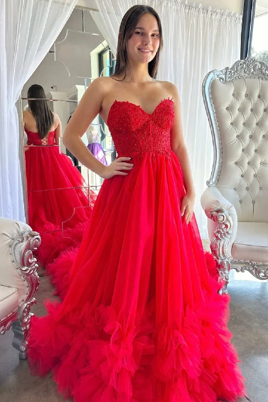 A-Line Red Sweetheart Corset Ruffle Prom Dress Formal Gown PSK493