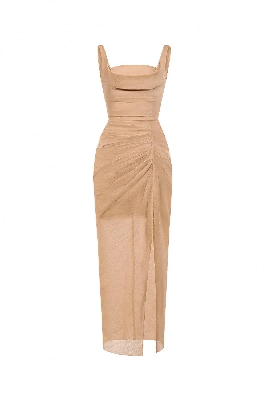 Brown Organza Linen Draped Dress