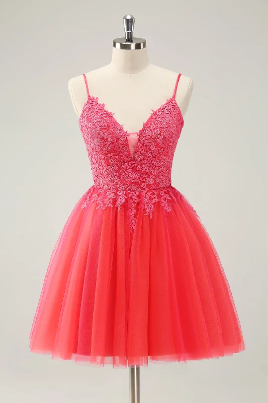 Cute Hot Pink A Line Spaghetti Straps Short Homecoming Dress with Appliques