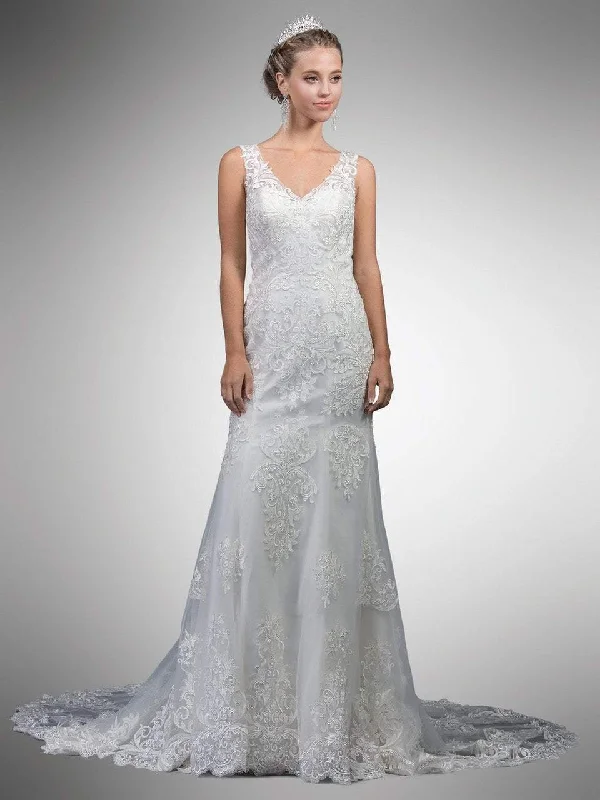 Dancing Queen Bridal - 45 Lace Embroidered V-neck Gown With Train