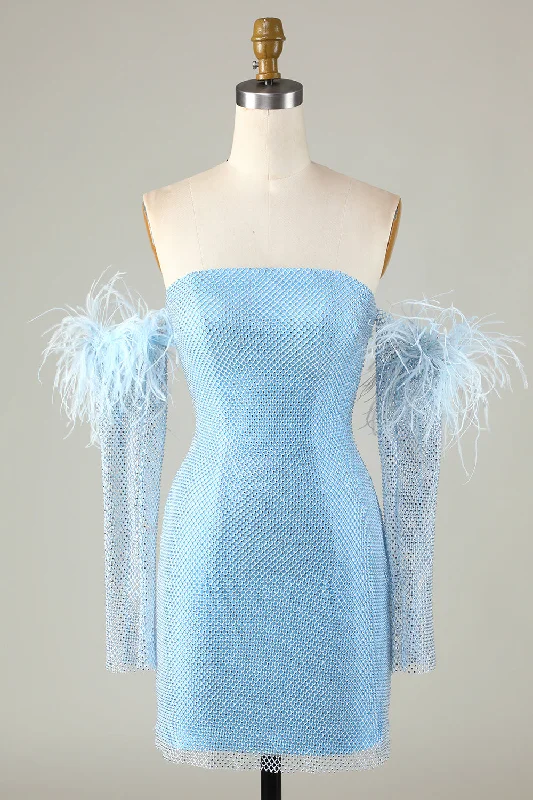 Detachable Sleeves Blue Tight Homecoming Dress with Feathers