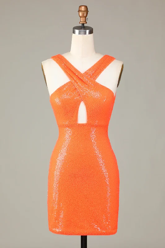 Glitter Orange Halter Backless Sequins Tight Homecoming Dress