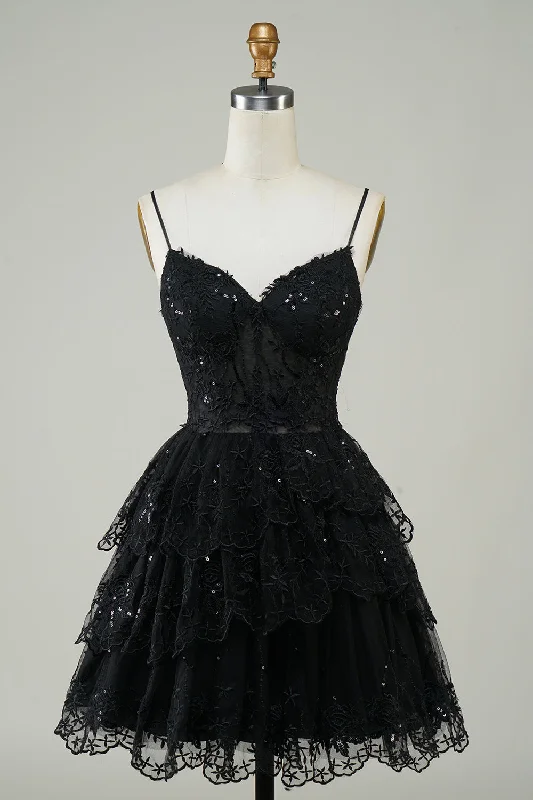 Gorgeous A Line Spaghetti Straps Black Sparkly Corset Homecoming Dress